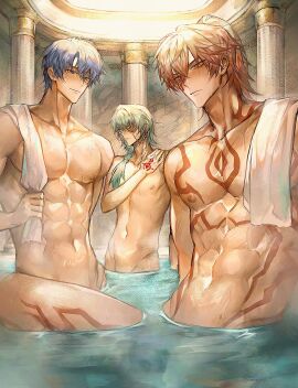3boys abs anaxa_(honkai:_star_rail) bath blush body_markings convenient_censoring honkai:_star_rail honkai_(series) hot_spring jewelry looking_at_viewer male male_only multiple_boys multiple_males muscles muscular muscular_male mydei_(honkai:_star_rail) phainon_(honkai:_star_rail) steam sweat tappe tattoo towel towel_on_shoulder