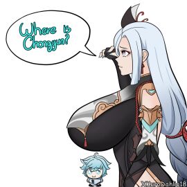 1boy 1girls aunt aunt_and_nephew big_breasts breasts breasts_bigger_than_head chongyun_(genshin_impact) clothed clothing clueless female funny genshin_impact kurodahlia18 large_breasts leotard male meme nephew older_female shenhe_(genshin_impact) smaller_male