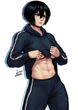 1girls 2022 abs athletic athletic_female attack_on_titan big_boobs big_breasts black-haired_female black_hair boobs breasts clothed clothed_female female female_focus female_only fit fit_female light-skinned_female light_skin manga mikasa_ackerman muscular muscular_female shingeki_no_kyojin shirt_lift solo solo_focus speedl00ver toned toned_female track_suit underboob young_adult