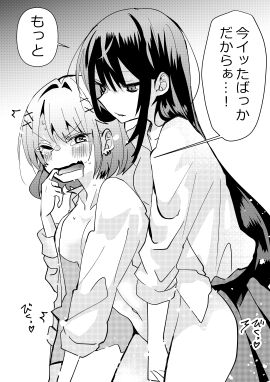 2girls absurdres bottomless breasts collared_shirt commentary_request finger_in_another's_mouth fingering greyscale highres long_hair medium_breasts medium_hair monochrome multiple_girls one_eye_closed open_clothes open_mouth open_shirt original pleated_skirt pon_(savu12sapu) reach-around saliva school_uniform shirt skirt tears yuri