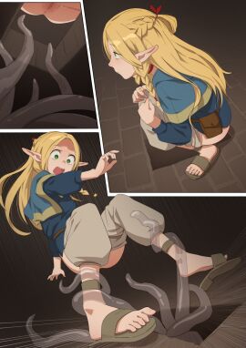 1girls anus blonde_hair braid delicious_in_dungeon dungeon_meshi elf elf_ears elf_female elf_girl feet female female_focus female_only grabbing green_eyes headwear hi_res hole imminent_tentacle_rape indoors light-skinned_female light_skin marcille_donato mostly_clothed multiple_views open_mouth pants_down partially_clothed peeing pussy restrained_by_tentacles squatting suprised suprised_look tentacle tentacles_around_ankles twin_braids uncensored yamomo yamomono