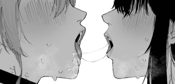 2girls after_kiss black_hair blush carrot_011 drool_on_face drool_string drooling female hololive hololive_english hololive_english_-advent- hololive_gen_0 hololive_japan hoshimachi_suisei lesbian_kiss looking_at_another looking_at_partner nerissa_ravencroft sensual sweat sweating virtual_youtuber vtuber yuri