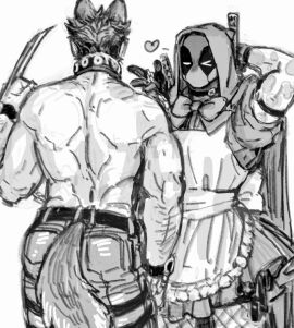 2boys alternate_costume animal_ears arm_hair back bara belt big_bad_wolf_(cosplay) bow bowtie chain_leash chains claw_(weapon) clenched_hand collar cosplay couple deadpool deadpool_&_wolverine_(2024) dishing dress fishnets gay gloves halloween halloween_costume heart holding holding_leash hood hood_up leash little_red_riding_hood_(copyright) little_red_riding_hood_(cosplay) looking_at_another male male_focus male_only marvel marvel_cinematic_universe marvel_comics mask monochrome multiple_boys multiple_males muscular muscular_male mutant_(marvel) mutate_(marvel) one_eye_closed open_mouth pants pectorals scar scars_all_over short_hair short_sleeves sword tail topless_male weapon weapon_on_back wolf_boy wolf_ears wolf_tail wolverine_(x-men) x-men yaoi