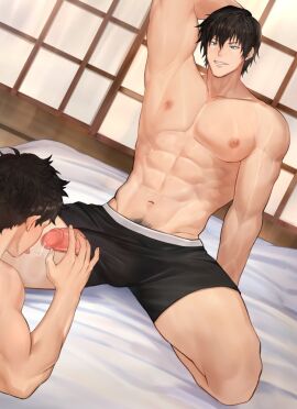 2boys abs bed black_hair cum fellatio green_eyes implied_fellatio male male_focus multiple_boys multiple_males muscular muscular_male navel nipples oral original penis pubic_hair short_hair stomach tongue tongue_out yaoi zhineart