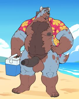 2024 4_toes 5_fingers absurd_res aloha_shirt anthro areola balls beach beard belly belly_hair biceps big_balls big_muscles big_penis biped black_glans black_nose body_hair boreas_(cooner) bottomless bottomless_anthro bottomless_male brown_body brown_fur chest_hair claws clothed clothing cloud cooler day digital_media_(artwork) dipstick_tail erection eyewear facial_hair feet finger_claws fingers foreskin front_view fur genitals glans glasses gloves_(marking) grey_body grey_fur greying_hair hair happy_trail hi_res holding_cooler holding_object humanoid_genitalia humanoid_hands humanoid_penis hyena leg_markings looking_aside looking_away male male_anthro mammal manlyster markings mature_anthro mature_male multicolored_body multicolored_fur musclegut muscles muscular muscular_anthro muscular_male navel nipples open_clothing open_shirt open_topwear outside pattern_clothing pattern_shirt pattern_topwear pecs penis plantigrade pubes public public_exposure sand sea seaside shirt shirt_only signature sky smile socks_(marking) solo spots spotted_body spotted_fur spotted_hyena standing tail tail_markings toe_claws toes topwear topwear_only two-tone_body two-tone_fur uncircumcised vein veiny_penis water wearing_glasses