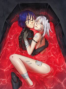 2girls ariane_yeong bathtub elster_(signalis) female female_only hugging lulienne signalis white_hair wholesome yuri