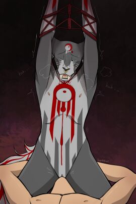 anthro bondage bound breath cunnilingus cuntboy domestic_cat duo facesitting felid feline felis genitals grey_body hi_res human human_on_anthro humanoid_genitalia intersex intersex/male interspecies licking_pussy luraknot male mammal nude oral panting pussy raised_arms restrained restraints rope rope_bondage rope_harness sex sitting_on_another text vul_rakshaw