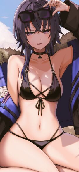 adjusting_eyewear alternate_costume arm_at_side arm_up armpits bare_shoulders bikini black_bikini black_choker black_hair black_jacket blue_hair blue_jacket blush breasts choker cleavage cloud collarbone crossed_legs day eyewear_on_head female front-tie_bikini_top front-tie_top fur-trimmed_jacket fur_trim hair_between_eyes halterneck ichinose_uruha ichinose_uruha_(4th_costume) jacket kushinaka long_hair long_sleeves looking_at_viewer lupinus_virtual_games medium_breasts medium_hair multicolored_hair multicolored_jacket navel off_shoulder official_alternate_hairstyle open_clothes open_jacket open_mouth outdoors purple_eyes sideboob sidelocks sitting sky solo stomach streaked_hair string_bikini sunglasses swimsuit thighs two-tone_jacket virtual_youtuber vspo!