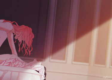 2girls absurdres black_hair breasts commentary completely_nude dated english_commentary female highres indoors long_hair long_sleeves lying multiple_females multiple_girls neiigal nipples nude on_back open_clothes open_mouth open_shirt original pink_hair red_lips shade shirt signature small_breasts straight_to_the_point sweat white_shirt yuri