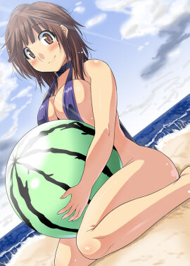 :) amagami ass bakadere bare_hips bare_legs barefoot beach beach_ball bent_over blush brown_hair feet female knees legs micro_bikini ocean sakurai_rihoko sand sea smile swimsuit teenage_female teenager watermelon