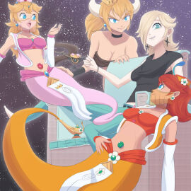 2d 4girls blonde_female blonde_hair blue_eyes bowser bowsette clothed clothes clothing color colored commission dancer dancer_outfit ear_piercing earrings female female/female female_only floating flower flower_in_hair fully_clothed genderswap genderswap_(mtf) genie genie_girl genie_lamp genie_tail genie_transformation ginger ginger_hair harem horns light-skinned_female light_skin navel_piercing night nintendo post-transformation potterzilla princess_daisy princess_peach princess_rosalina rule_63 sexy_clothing sitting skimpy_clothes smile stars super_mario_bros. super_mario_galaxy thin_clothing transformation yuri