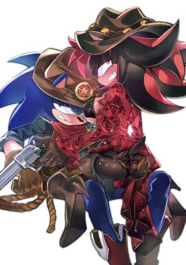 ass black_body black_fur breasts cowboy_boots cowboy_hat cowgirl_outfit eulipotyphlan eyelashes female furry furry_female furry_male genderswap genderswap_(mtf) green_eyes hand_on_ass hand_on_butt junisnowhere lace-trimmed_bra lace-trimmed_panties large_breasts male male/female nipple_bulge pistol red_eyes revealing_clothes revolver rope rule_63 shade_the_hedgehog shadow_the_hedgehog sheriff_sonic sitting_on_lap sonic_(series) sonic_the_hedgehog sonic_the_hedgehog_(series) wheat_in_mouth