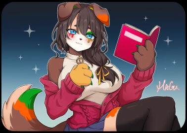 1girls blue_background blue_eyes book breasts brown_hair canine canine_ears clothes dog_ears dog_girl dog_tail female female_only furry furry_female furry_only hi_res highres jacket jacket_only jacket_open light-skinned_female light_skin magu_mm_0824 oc original original_character smile smiley_face