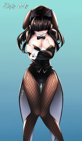 100_kanojo animal_ears black_hair bow bowtie breasts bunnysuit cleavage clenched_teeth costume covering_breasts covering_privates detached_collar embarrassed female fishnet_pantyhose fishnets hair_over_eyes hidden_eyes highres kakure_meme kimi_no_koto_ga_dai_dai_dai_dai_daisuki_na_100-nin_no_kanojo knees_together_feet_apart large_breasts legs leotard long_hair long_sleeves pantyhose playboy_bunny rabbit_ears teeth the_100_girlfriends_who_really_really_really_really_really_love_you thigh_gap zizis_arts