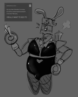 1boy 1monster animal_ears animation_meme animation_meme_community anthro anthro_only anthrofied biped black_leotard blush blush_lines bowtie bulge bulge_through_clothing bunny_ears bunny_man bunnysuit chest_harness clothed clothing_cutout colorless cosplay crab dad_bod deco*27 detached_collar dilf down_in_the_workshop embarrassed embarrassed_male english_text ethereal_workshop facial_hair fake_animal_ears fake_bunny_ears fake_rabbit_ears fat fat_male fishnet_legwear fishnet_thighhighs fishnets flustered frown glaring glaring_at_viewer goatee half-closed_eyes hand_on_hip harness heart_cutout holding_money holding_object huff humanoid looking_at_viewer male male_only mechanical money monster monster_boy monstrous_humanoid my_singing_monsters no_color no_humans non-human non-human_only old_male older_male penis penis_bulge rabbit rabbit_ears rabbit_hole_(vocaloid) reddit_link robot robot_boy robot_hands robotic segmented_body sketch sketchy solo solo_male square_body steam strapless_leotard suggestive tatzelral tight_clothing tight_fit tumblr_ask vertical_eyes vhenshun vocaloid what_has_zarroë_done wooden_body wrist_cuffs