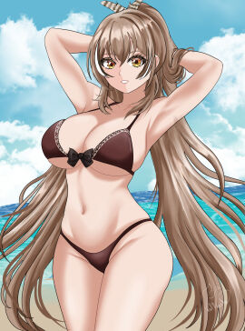 1girls 2d 2d_(artwork) alternate_costume arms_behind_head beach belly_button big_breasts bikini bikini_bottom bikini_top bra breasts brown_bikini brown_bikini_bottom brown_bikini_top brown_hair brown_swimsuit clouds day female female_focus female_only front_view high_resolution highres hololive hololive_english hololive_english_-council- hololive_english_-promise- hourglass_figure light-skinned_female light_skin long_hair nanashi_mumei navel ocean outdoors revealing_swimsuit sky slim_female smiling smiling_at_viewer solo solo_female solo_focus standing summer swimsuit thong thong_bikini two_piece_swimsuit valneeko very_long_hair virtual_youtuber vtuber vtuberfanart water young younger_female