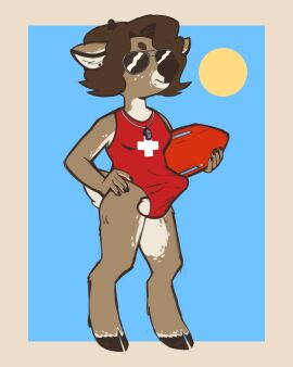 anthro aviator_glasses balls brown_body brown_fur brown_hair bulge deer detailed_bulge digitigrade ear_piercing eyewear fur furry futanari genital_outline genitals glasses hand_on_hip highres hooves intersex lifeguard lifeguard_swimsuit lily_(sexylinguini) mammal penis penis_outline piercing precum precum_through_clothing sexylinguini solo swimsuit_bulge swimwear testicles trans_woman transfem