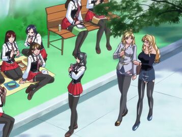 00s 2007 6+girls animated anime_screenshot bare_shoulders bench bento bible_black bible_black_new_testament black_thighhighs blonde_hair blue_eyes book bow bowtie braid braided_ponytail braided_sidelock breasts brown_hair crossed_arms dark_thighhighs day drill_hair earrings female glasses grass green_eyes grey_hair hair_ornament hair_ribbon huge_filesize imari_kurumi jody_crowley kiriya_saki large_breasts lipstick long_hair long_legs long_sleeves makeup medium_breasts multiple_girls necktie outdoors picnic pleated_skirt ponytail ribbon saeki_kaori school school_bag school_uniform serafuku shin_bible_black shiraki_rika shirt shoes short_hair side_ponytail sidelocks skirt smile straight suspenders tagme tan teacher thighhighs toudou_yuki twin_braids twintails white_shirt zettai_ryouiki