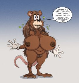 2024 age_difference anthro big_breasts breasts brown_body brown_fur cellulite clothing dialogue female fur gloves hair handwear hi_res howard_the_duck huge_breasts jodero lips long_hair looking_at_viewer mammal marvel marvel_comics mature_female murid murine nipples nude offscreen_character older_female pubes rat rodent rule_63 solo talking_to_viewer thick_lips thick_thighs