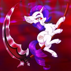 absurd_res bodily_fluids cutie_mark equid equine female female_focus feral friendship_is_magic fur genital_fluids genitals hair hasbro hi_res hooves horn horse humanoid_genitalia humanoid_genitalia_on_feral humanoid_pussy humanoid_pussy_on_feral looking_at_viewer makeup mammal melee_weapon my_little_pony mythological_creature mythological_equine mythology polearm pony possession pussy rarity_(mlp) running_makeup rurihal scythe seductive solo unicorn vaginal_fluids weapon