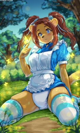 abdl apron breasts commission cosplay diaper diaper_fetish diaper_under_clothing dress female forest furry furry_female furry_only grass lioness maid_apron maid_uniform medium_breasts meowtat padded ponytail sitting stockings tree twintails wearing_diaper ych