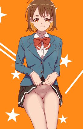 1girls 2024 brown_hair female female_only misora_kanata na_nare_hana_nare no_panties no_underwear orange_eyes p.a._works pussy school_uniform short_hair skirt skirt_lift solo sorashikomi vagina