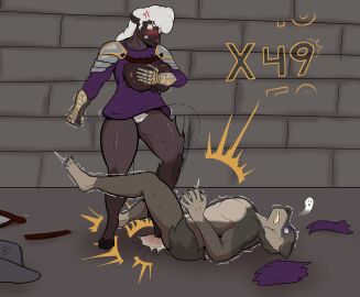 absurd_res angry anthro armor ballbusting balls big_breasts bottomless bovid breasts brown_body brown_fur canid canine canis caprine cel_shading clothed clothing cock_and_ball_torture cock_and_balls_torture combo_meter covering covering_breasts covering_self cross-popping_vein dominant dominant_female duo embarrassed female fur gauntlets genital_torture gloves grey_body grey_fur hair handwear hi_res hooves impact_lines male male/female mammal motion_lines muscular muscular_female muscular_male mythological_canine mythological_creature mythology nude number penis plantigrade pubes rafitos shaded shaking sheep shocked stomping submissive submissive_male tail torn_clothing twitching wardrobe_malfunction werecanid werecanine werecreature werewolf white_hair wolf