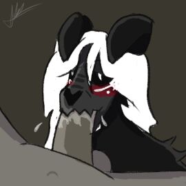 anthro balls black_body black_fur bodily_fluids bone canid canine canis cum domestic_dog duo ejaculation erection fellatio female fur futanari genital_fluids genitals hair hi_res intersex mammal oral penile penis sex skrucha skull skull_dog skulldog skulldog_(species) solo white_hair