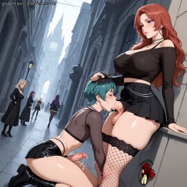 1boy 1futa ai_generated balls big_breasts breasts brown_hair closed_eyes cum cum_drip cum_in_mouth cum_inside cumshot deepthroat dickgirl exibitionism fellatio futa_on_male futa_only futanari hi_res high_quality high_resolution highres huge_breasts ia_generated long_hair melusina more_at_source oral oral_sex original original_character public public_exposure public_indecency public_nudity public_sex purple_eyes short_hair skirt skirt_lift skirt_pull skirt_up thick thick_ass thick_legs thick_penis thick_thighs thighhighs thighs wide_hips