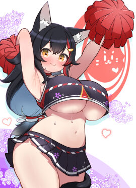 alternate_costume animal_ear_fluff animal_ears armpits arms_up black_hair black_skirt blush breasts brown_eyes cheerleader cowboy_shot crop_top crop_top_overhang female heart highres hololive hololive_gamers hololive_japan kani_bonara large_breasts long_hair looking_at_viewer microskirt multicolored_hair navel ookami_mio pleated_skirt pom_pom_(cheerleading) red_hair skirt smile solo stomach streaked_hair tail tail_around_own_leg underboob virtual_youtuber wolf_ears wolf_girl wolf_tail