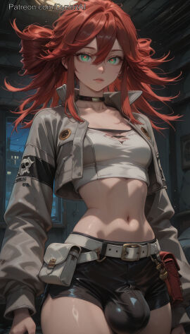 1futa 2025 ai_generated balls bulge bulge_through_clothing cock dyzertai futa_only futanari gachiakuta green_eyes night red_hair riyou_reaper self_upload solo