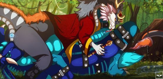 absurd_res anal anus arms_tied ass bdsm_gear blakezarks blue_body bondage bound cel_shading crown cunnilingus detailed_background dragon duo eastern_dragon face_fucking female female/female feral forest forest_background full-length_portrait fur furred_dragon furred_scalie grey_body harness headgear hi_res irrumatio legs_tied male mythological_creature mythological_scalie mythology nature nature_background oral penile penis plant portrait presenting presenting_hindquarters pussy rimming scalie sex shaded side_view tree vaginal_penetration