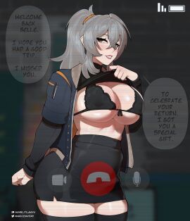 1girls angelicsavior1 big_breasts black_bra black_nails black_skirt black_thighhighs bra breasts clothed crossed_bangs curvy curvy_female english_text female front-tie_bra genderswap genderswap_(mtf) green_eyes grey_hair high-waist_skirt implied_incest incest incest_(lore) lace-trimmed_bra large_breasts lifted_by_self lingerie long_hair miniskirt older_sister paid_reward_available ponytail rule_63 skirt solo sweater_lift text thick_thighs thighhighs turtleneck underboob viewfinder wise_(zenless_zone_zero) zenless_zone_zero zettai_ryouiki