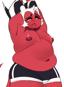 armpits artiah669 belly belly_button chubby chubby_male demon fat fat_male fleshpie669 helluva_boss imp male male_only moobs moxxie_(helluva_boss) overweight overweight_male red_skin shirtless stretching vivienne_medrano vivziepop white_hair