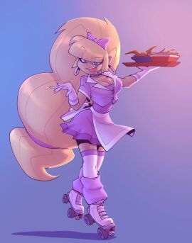 1girls aged_up apron bangs big_breasts bigdad blonde-haired_female blonde_female blonde_hair blue_eyes blunt_bangs breasts choker cleavage clothing disney disney_channel disney_xd eyeshadow female female_only gloves gradient_background gravity_falls hair_ornament hoop_earrings leg_warmers long-haired_female long_hair looking_at_viewer make_up makeup pacifica_northwest roller_skates rollerskates teasing tongue tongue_out tray very_long_hair waist_apron waitress waitress_uniform