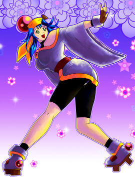 2021 anniversary ass bare_shoulders big_ass blue_hair blush breasts clothing curvaceous dated female female_only green_eyes happy high_resolution julian210891 large_ass lime_(saber_j) long_hair open_mouth saber_marionette_j shiny shiny_clothes shiny_hair simple_background skin_tight smile solo spandex thigh_highs thighhighs thighs thong traditional_clothes wafuku white_background