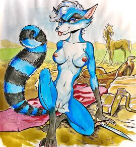 2016 absurd_res anthro blue_body blue_eyes blue_fur breasts claws dagger desert_background equid equine facial_markings female fur genitals hair head_markings hi_res horse knife looking_at_viewer mammal markings mask_(marking) melee_weapon nipples nude nude_anthro nude_female procyonid pussy raccoon raccoon_tail rosealie_(bahumot) saddle solo striped_markings striped_tail stripes tail tail_markings tongue tongue_out vicky_wyman vulva weapon white_body white_fur