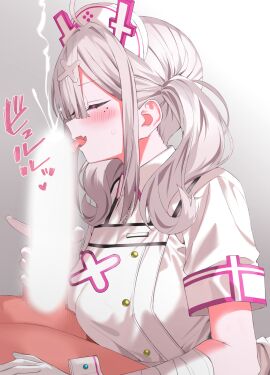 ahoge balls bandaged_arm bandages blank_censor blush breasts censored closed_eyes collared_dress commentary_request cum dress ejaculation fellatio female from_side gloved_handjob gloves gradient_background grey_hair hair_intakes hair_ornament hair_over_one_eye hairclip handjob hat heart highres kuhotaka large_breasts licking licking_penis long_hair male mole mole_under_eye nijisanji nurse nurse_cap oerba_yun_fang open_mouth oral penis pink_trim short_sleeves skin_fang smile solo_focus sukoya_kana sukoya_kana_(1st_costume) sweat testicles tongue tongue_out translation_request twintails virtual_youtuber white_background white_dress white_gloves white_hat white_wrist_cuffs wrist_cuffs x_hair_ornament