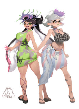 2girls alternate_costume ass breasts callie_(beta)_(summer_nights) callie_(splatoon) cleavage dress female large_ass large_breasts little_blood long_hair looking_at_viewer marie_(beta)_(summer_nights) marie_(splatoon) navel necklace nintendo open_mouth short_hair simple_background splatfest splatoon splatoon_(series) splatoon_3 squid_sisters summer_nights_splatfest tentacle_hair tight_dress white_background