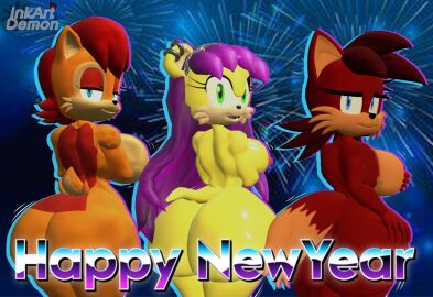 2025 3d 3d_render 3girls accessory anthro archie_comics ass ass_focus big_ass big_breasts big_butt black_nose blue_eyes breasts brown_body brown_fur brown_hair brown_skin bubble_ass bubble_butt butt_focus canine chipmunk commission curvy curvy_body curvy_figure earrings eyelashes female female_only fiona_fox fireworks fox fox_girl fox_tail fur furry green_eyes ground_squirrel happy_new_year huge_ass huge_butt inkartistdemon long_hair looking_at_viewer looking_back mina_mongoose mongoose multicolored_hair naked narrowed_eyes new_year nude open_mouth piercing posing purple_hair red_body red_fur red_hair red_skin rodent sally_acorn sega short_hair side-by-side sideboob smile sonic_(series) sonic_the_hedgehog_(archie) sonic_the_hedgehog_(comics) sonic_the_hedgehog_(series) standing tail thick_ass thick_legs thick_thighs thighs two-tone_body two-tone_fur yellow_body yellow_fur yellow_skin