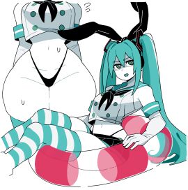 animal_ears aqua_sailor_collar aqua_thighhighs black_neckerchief black_panties black_skirt blue_hair bright_pupils buttons cosplay cowboy_shot crop_top cropped_shirt dizzyspells fake_animal_ears feet_out_of_frame female flying_sweatdrops green_eyes hair_ornament hatsune_miku highleg highleg_panties highres innertube kantai_collection long_hair looking_at_viewer lower_body miniskirt multiple_views navel neckerchief open_mouth panties pleated_skirt rabbit_ears ringed_eyes sailor_collar shimakaze_(kantai_collection) shimakaze_(kantai_collection)_(cosplay) shirt sidelocks sitting skindentation skirt standing striped_clothes striped_legwear striped_thighhighs swim_ring thick_thighs thighhighs thighs twintails two-tone_thighhighs underwear very_long_hair vocaloid white_pupils white_shirt white_thighhighs wide_hips
