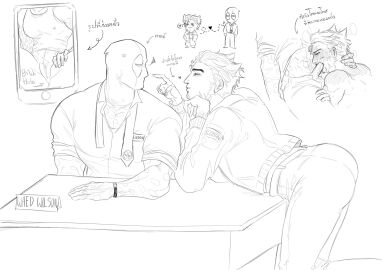 1cuntboy 2boys ass big_ass blush boner cuntboy deadpool double_d8595 erection fellatio gay intersex large_pectorals male male_only marvel marvel_comics monochrome muscular oral penis pussy short_hair wolverine_(x-men) x-men yaoi