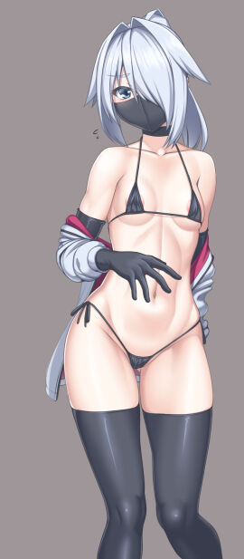 areola_slip bare_shoulders bikini black_bikini black_choker black_gloves black_mask black_thighhighs blue_eyes blush breasts choker collarbone covered_erect_nipples elbow_gloves female flying_sweatdrops gloves gluteal_fold grey_background grey_hair groin hair_intakes hair_over_one_eye halterneck highres jacket long_hair looking_at_viewer mask medium_hair micro_bikini mouth_mask multiple_views myouan navel ninja_mask off_shoulder open_clothes open_jacket original ponytail shirakami_itsuki side-tie_bikini_bottom simple_background skindentation small_breasts standing stomach string_bikini sweat swimsuit thighhighs variant_set white_jacket