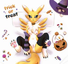 anthro anus bandai_namco bed bed_sheet bedding belly black_clothing black_legwear black_sclera black_stockings breasts candy candy_bucket candy_cane canid canine catptapathy choker claws clothing condom dessert digimon digimon_(species) eye_candy female fluffy fluffy_tail food fox fur furniture genitals halloween hat headgear headwear hi_res holding_leg holidays jewelry legwear lying navel necklace nipples on_back pawpads paws pillow presenting presenting_pawpads presenting_pussy pumpkin_basket pussy renamon sexual_barrier_device signature simple_background small_breasts solo star stockings tail text trick_or_treat white_background white_belly witch_hat yellow_body yellow_fur yellow_tail
