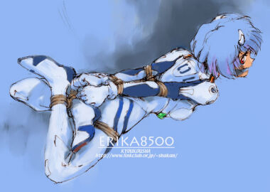 1girls arms_behind_back artist_name ayanami_rei bad_id blue_background blue_hair bodysuit bondage bound bound_ankles bound_arms bound_legs bound_wrists breasts commentary crossed_ankles female female_focus female_only femsub from_above full_body gag gagged gloves interface_headset_(evangelion) looking_at_viewer looking_back looking_up lying mecha_pilot_suit neon_genesis_evangelion on_stomach plugsuit_(evangelion) red_eyes rei_ayanami restrained rope shadow shibata_masahiro short_hair small_breasts solo spread_legs tight_clothing watermark web_address white_bodysuit white_gloves worried