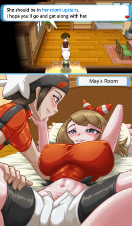 1boy 2girls absurd_res bed bedroom big_breasts biting_lip blue_eyes blush breasts brendan_(pokemon) brendan_(pokemon_oras) brown_hair creatures_(company) english_text female fenrox game_freak game_screenshot hi_res imminent_sex lying male may_(pokemon) may_(pokemon_oras) midriff navel nintendo nipple_bulge on_back pillow pokemon pokemon_oras shorts signature smile straight text
