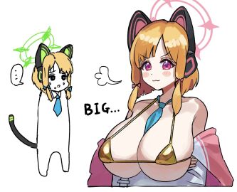 ... 2girls alternate_breast_size animal_ear_headphones animal_ears bikini blonde_hair blue_archive blue_necktie blush bow breasts closed_mouth fake_animal_ears female game_development_department_(blue_archive) gold_bikini green_eyes hairbow halo headphones jacket large_breasts long_sleeves midori_(blue_archive) millennium_science_school_student momoi_(blue_archive) multiple_females multiple_girls necktie open_clothes open_jacket pink_halo red_bow red_eyes short_hair siblings simple_background sisters smile spoken_ellipsis suzume_b swimsuit twins white_background white_jacket