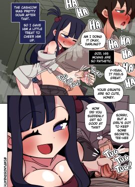 1girl1boy abuse black_hair color comic dawn_(impunderneath) deception disguise drooling ellie_skinsuit english_text female genderswap genderswap_(mtf) handjob heavy_breathing imposter impunderneath jerking long_hair male_in_female_body manipulation original original_character panties_down panties_removed perfect_disguise possessed possession purple_eyes skinsuit teasing