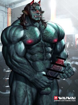 1boy animal_ears bar_censor bara beard black_hair black_sclera censored colored_sclera colored_skin commission completely_nude cow_ears cowboy_shot demon demon_boy demon_horns erection facial_hair full_beard gradient_horns green_skin gym hairy hand_hair highres holding horns large_pectorals looking_ahead male male_focus male_masturbation male_only masturbation mature_male monster_boy multicolored_horns muscular muscular_male nude orc original pectorals penis red_horns scar scar_on_face scar_on_nose skeb_commission skin-covered_horns solo standing thick_arm_hair thick_beard thick_chest_hair thick_eyebrows thick_leg_hair thick_thighs thighs tusks veins veiny_hands veiny_penis veiny_thighs very_hairy vitri_(retrosharkspike) waiwai_mura yaoi