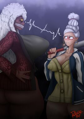 2girls ayase_seiko baseball_bat big_breasts breasts breasts_bigger_than_head cigarette dandadan female ghost ghost_girl gilf glasses huge_breasts jacket long_hair mature_female nipples rahatpxp_(artist) rivals smoking stare tall teeth turbo_granny_(dandadan) white_hair